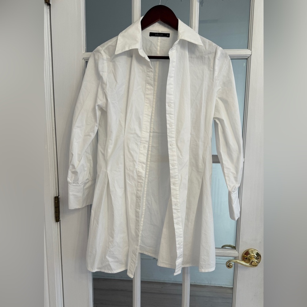 DELUC Women's White Long Sleeve Button Down Shirt Dress Size S